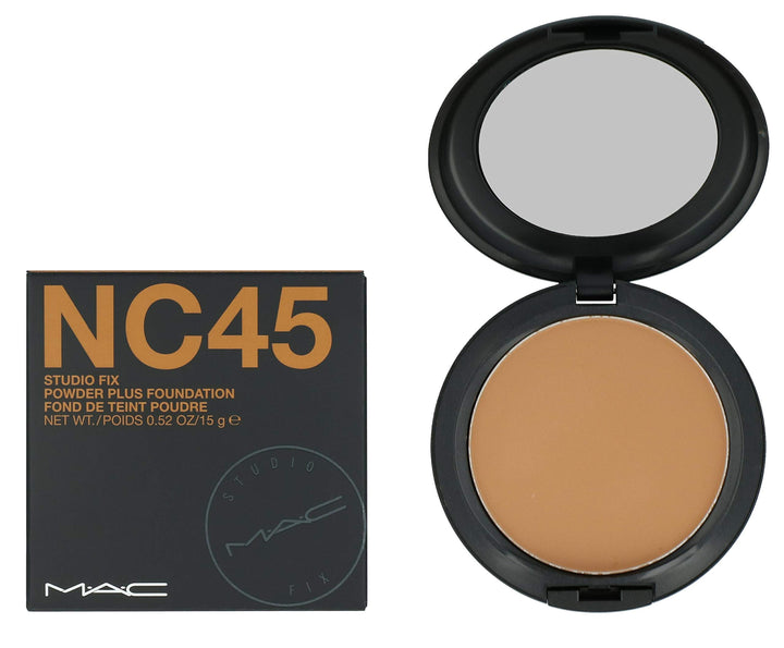 MAC Studio Fix compact front view showing packaging and shade NC45 for on-the-go coverage