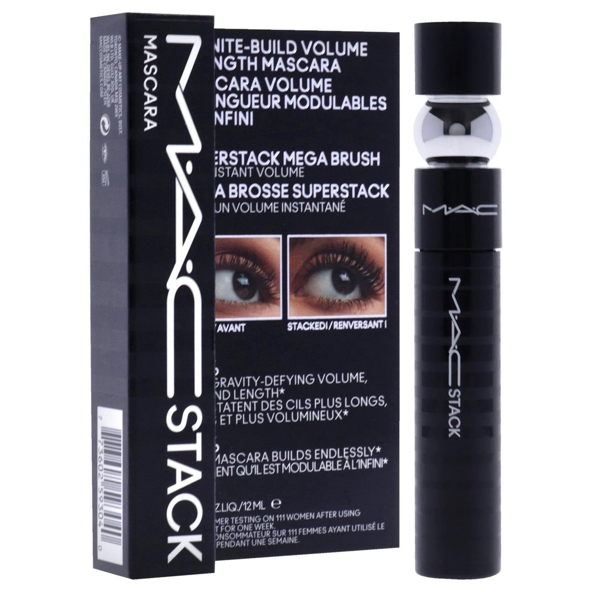 MAC Superstack lashes before and after demonstrating buildable length and volume