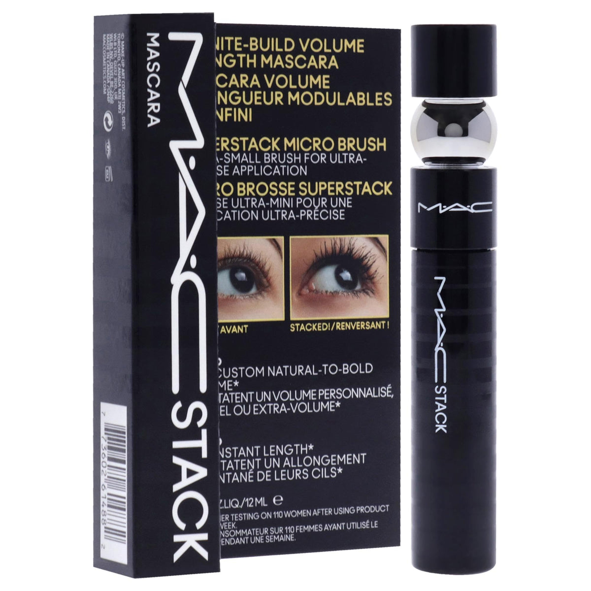 MAC Superstack applied on model showing lifted, fanned lashes and length