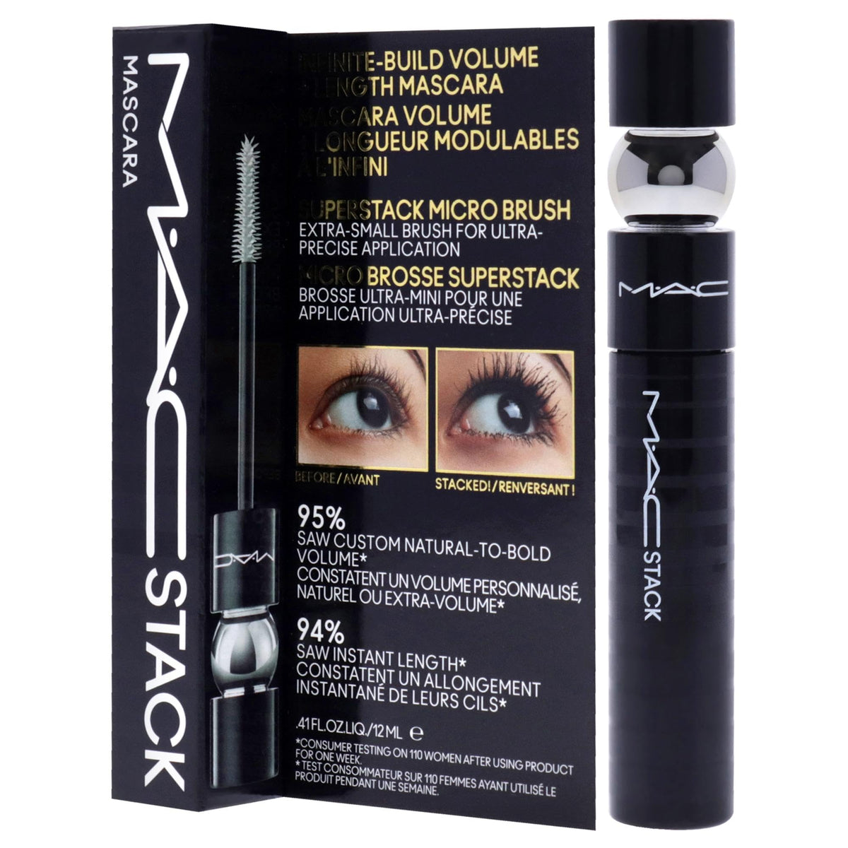 MAC Superstack tube beside ruler showing 0.41 oz size for travel convenience