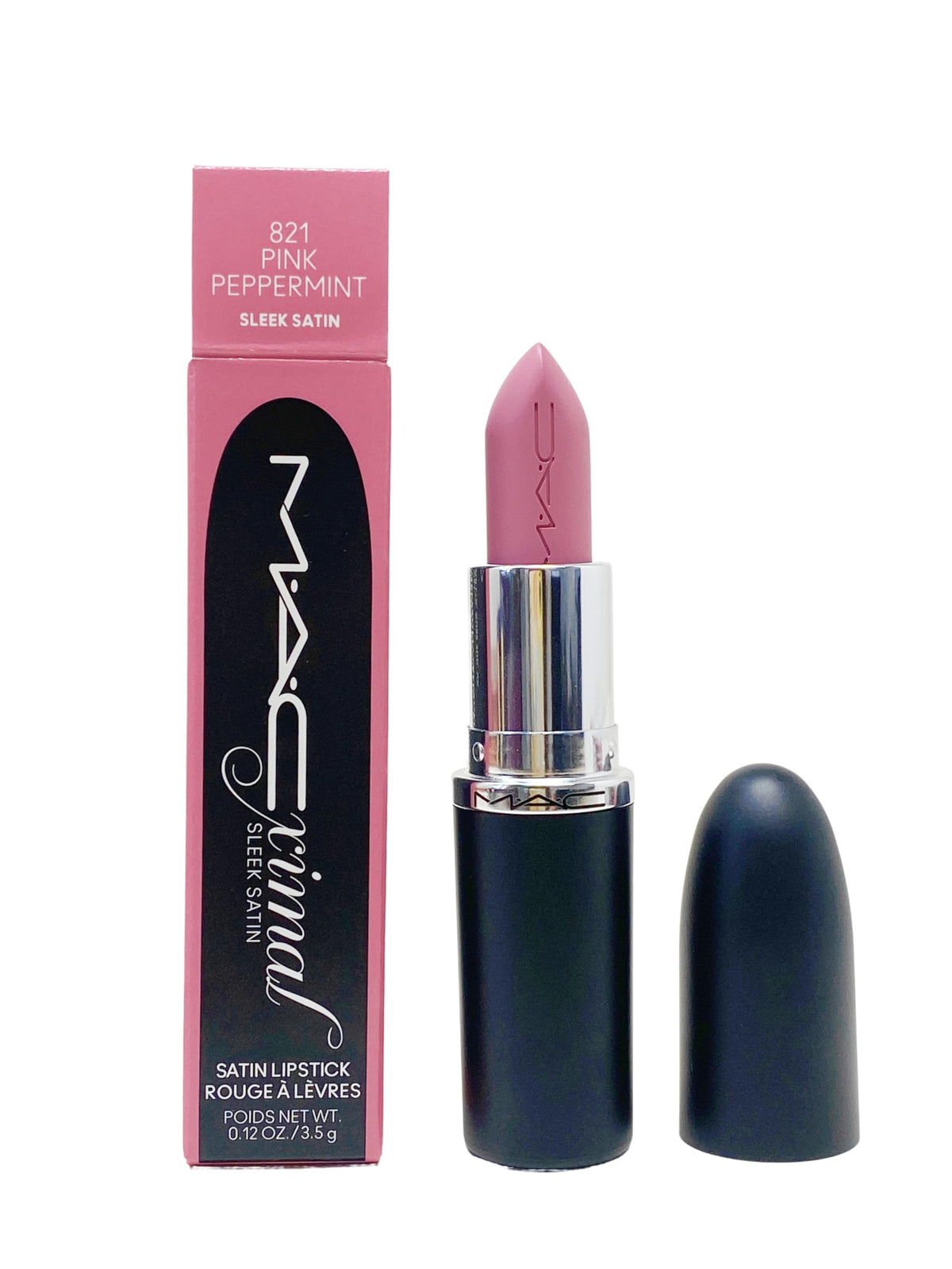 MAC Ximal Sleek Satin Lipstick front view showing sleek tube and dusty-lavender shade benefit hydration