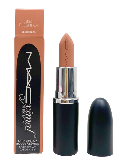 MAC Ximal Sleek Satin lipstick front tube showing shade and branding for easy identification and styling