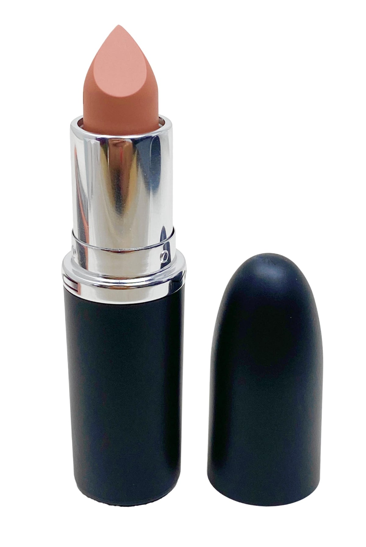 MAC Ximal Sleek Satin lipstick swatch on arm demonstrating Fleshpot warm beige payoff and true color