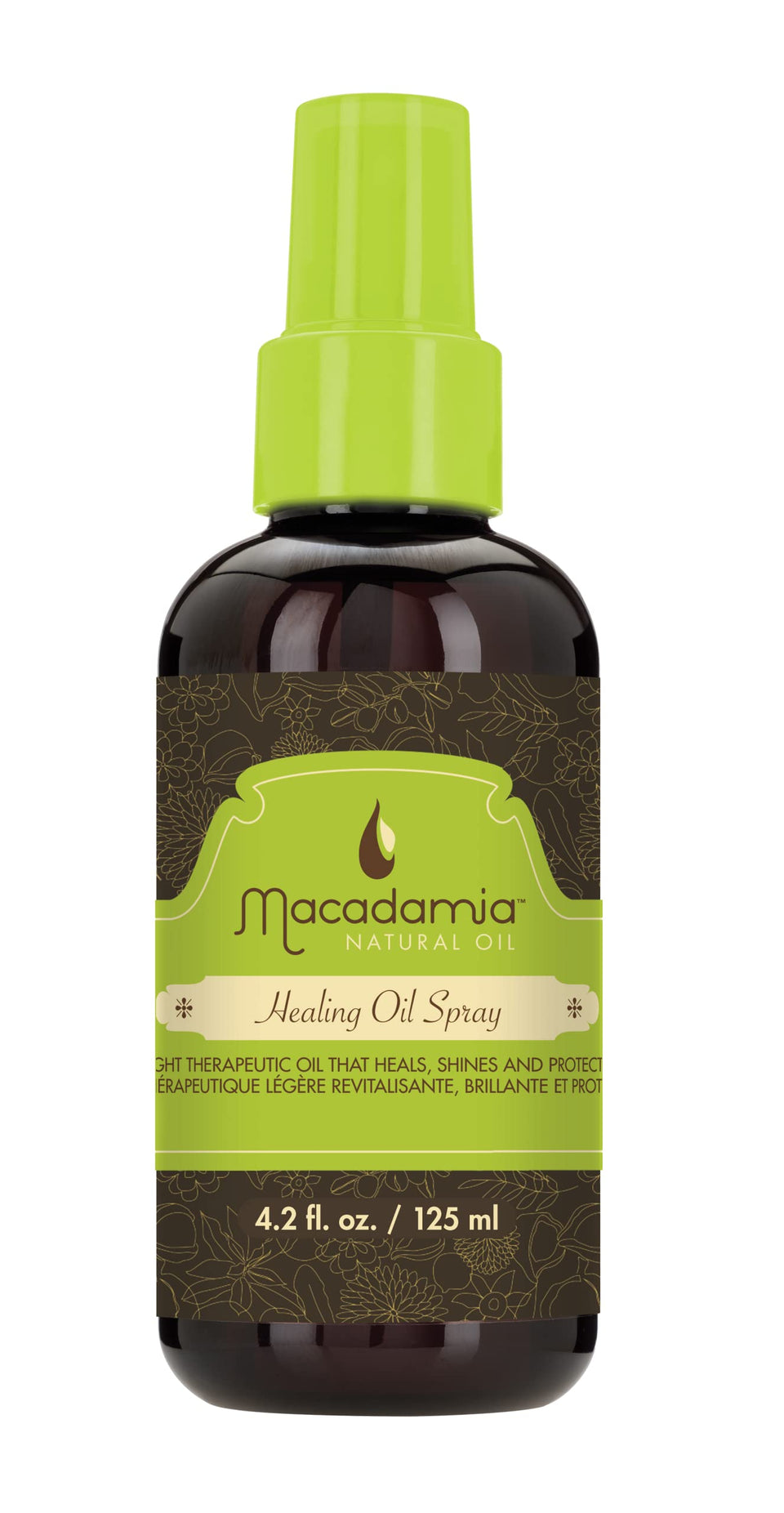 macadamia natural oil front packaging showing bottle and label, brand shine benefit