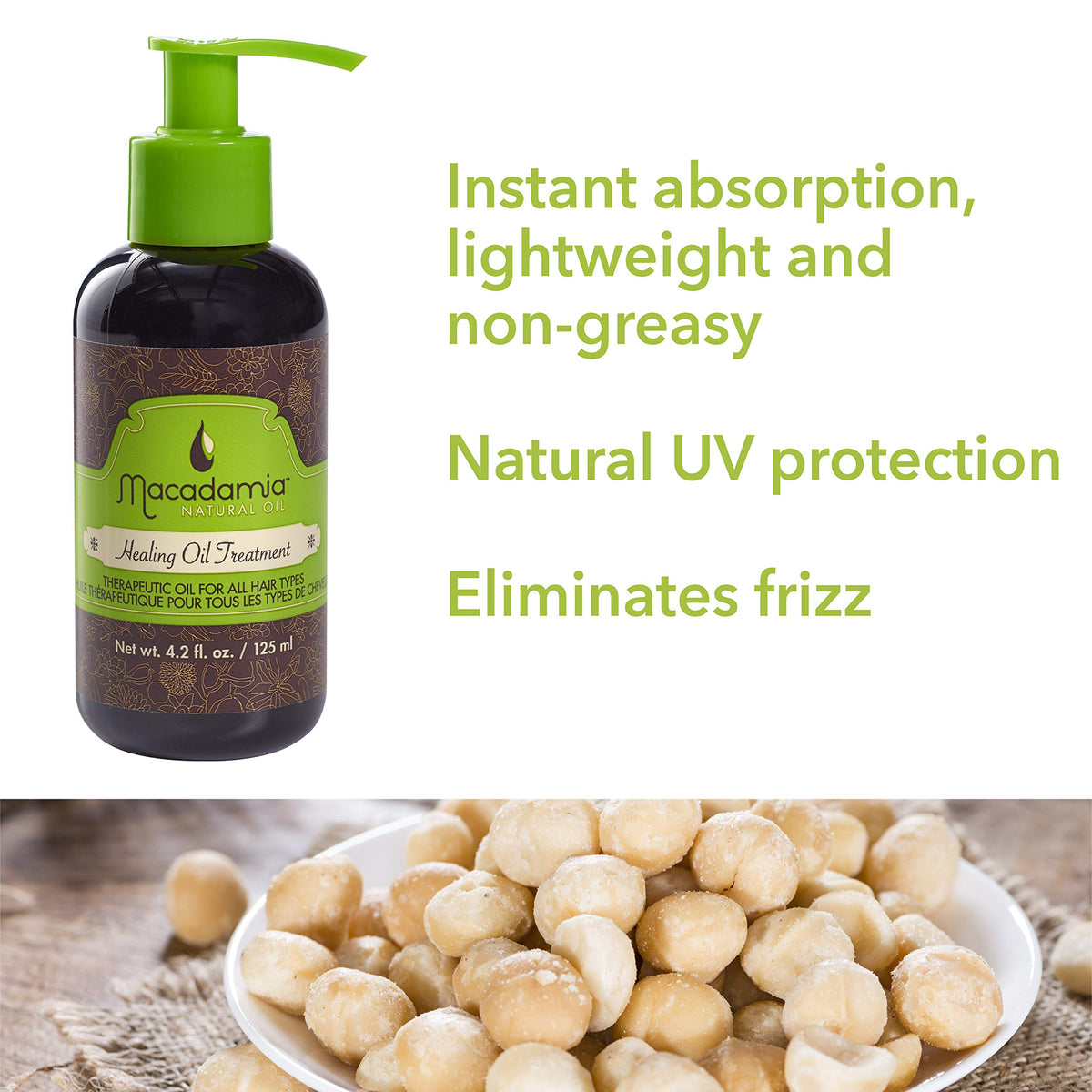 Macadamia Natural Oil being applied to hands demonstrating smooth, non-greasy benefit