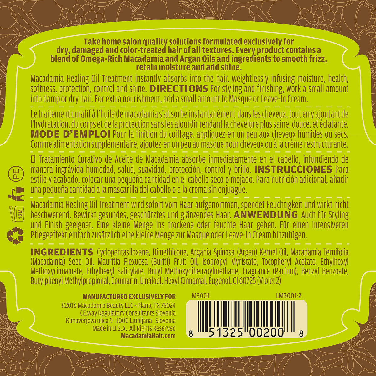 Macadamia Natural Oil bottle next to hand showing 4.2 fl oz scale and travel-friendly benefit