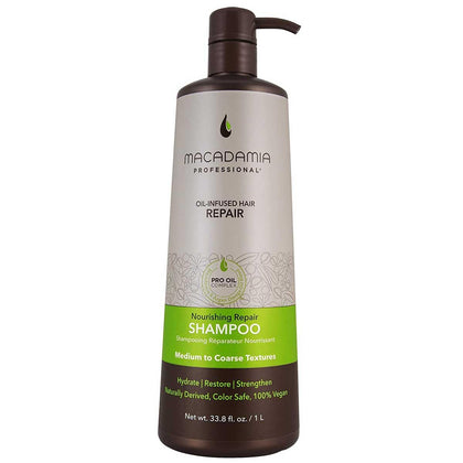 Macadamia Professional front bottle showing label and 33 fl oz size benefit