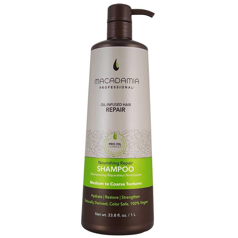 Macadamia Professional front bottle showing label and 33 fl oz size benefit