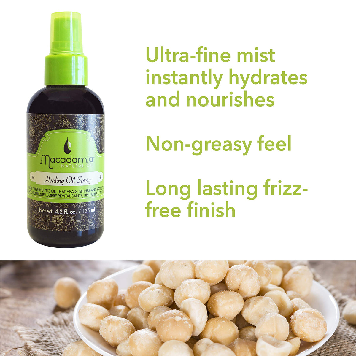 macadamia natural oil next to ruler for size comparison, brand travel-friendly benefit