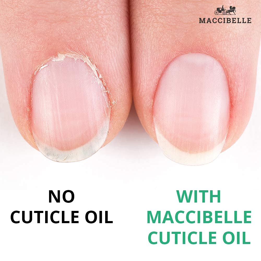 Maccibelle applying cuticle oil to fingers demonstrating softer cuticles benefit