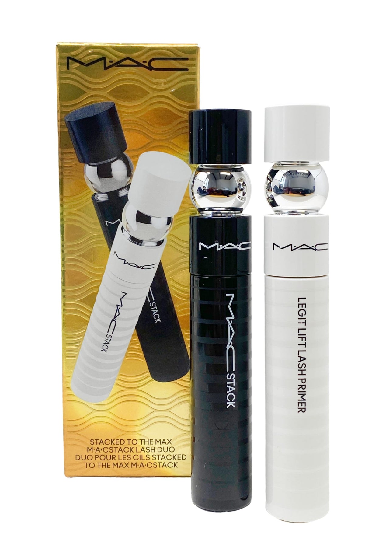 M·A·C MACStack mascara tube front view showing sleek packaging and long‑wear benefit