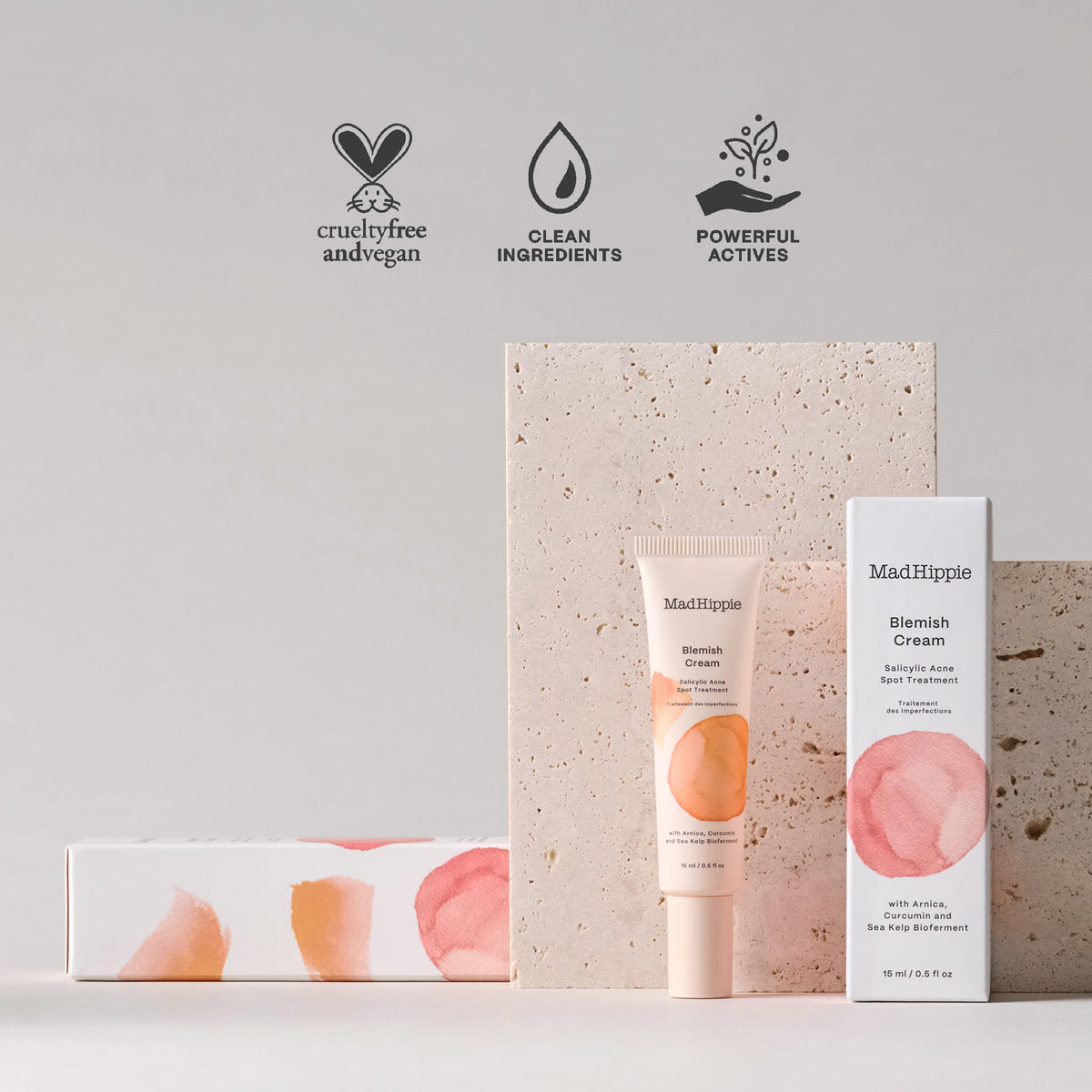 Mad Hippie blemish cream on bathroom shelf with skincare items implying routine simplicity
