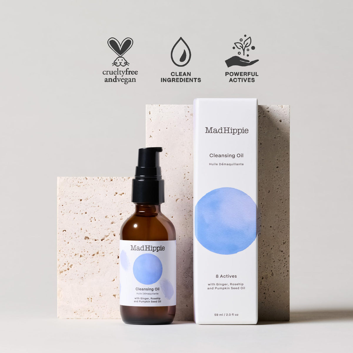 Mad Hippie rosehip and pumpkin seed oils displayed to show vitamin-rich benefits