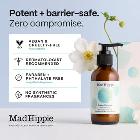 Mad Hippie cream being applied to damp skin, illustrates gentle massage use