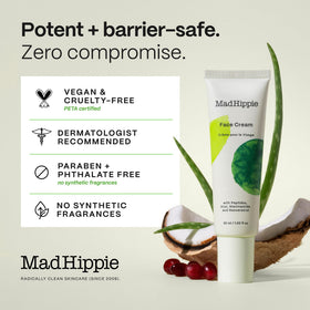 Mad Hippie face cream on bathroom shelf in routine setting showing easy daily use benefit