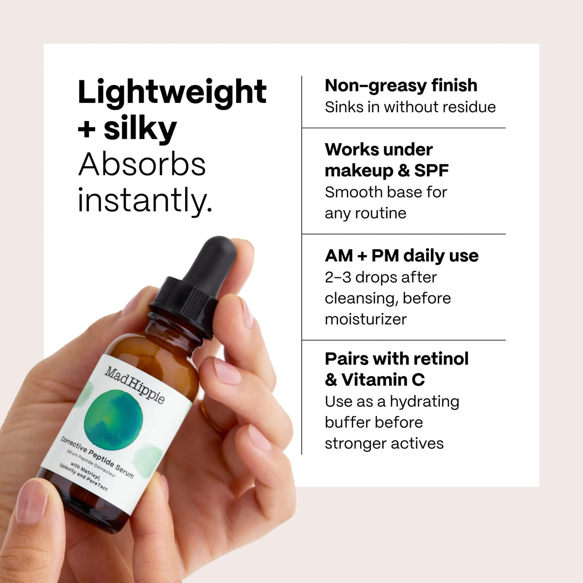 Mad Hippie applying serum to cheek, illustrates smooth absorption benefit