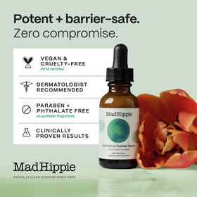 Mad Hippie label close-up showing ingredients list, emphasizes transparency