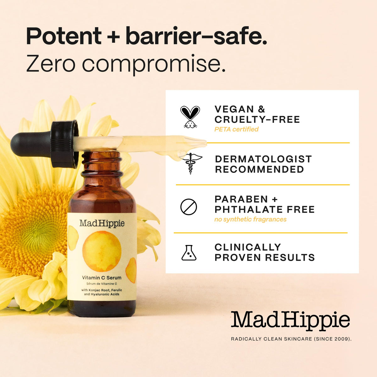 Mad Hippie ingredient visual featuring ferulic acid and vitamin E antioxidant support
