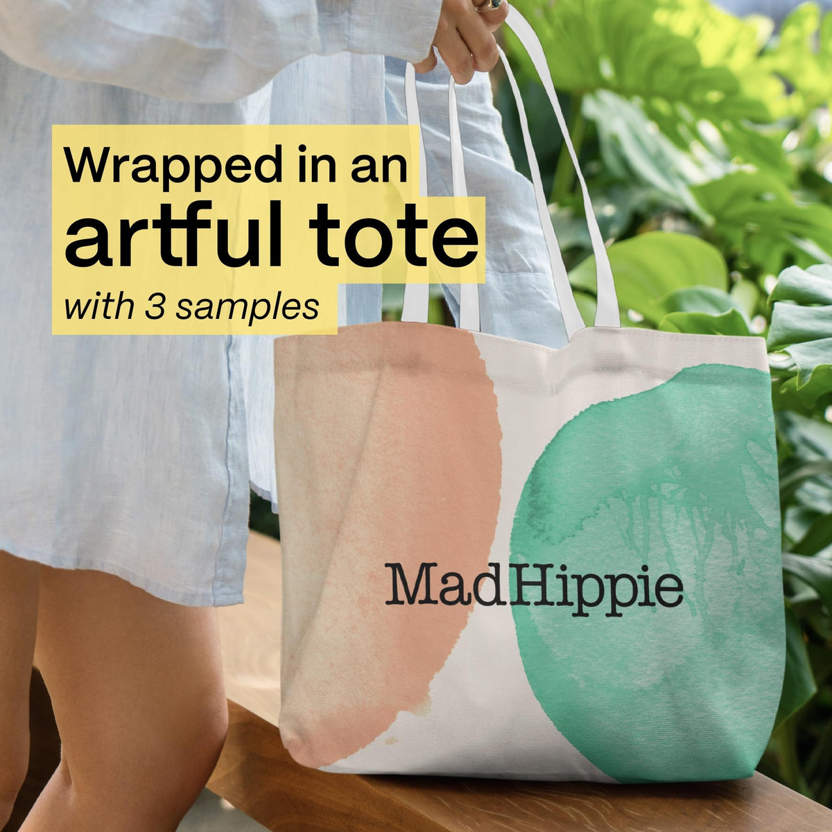 Mad Hippie watercolor dots canvas tote worn over shoulder for easy carrying