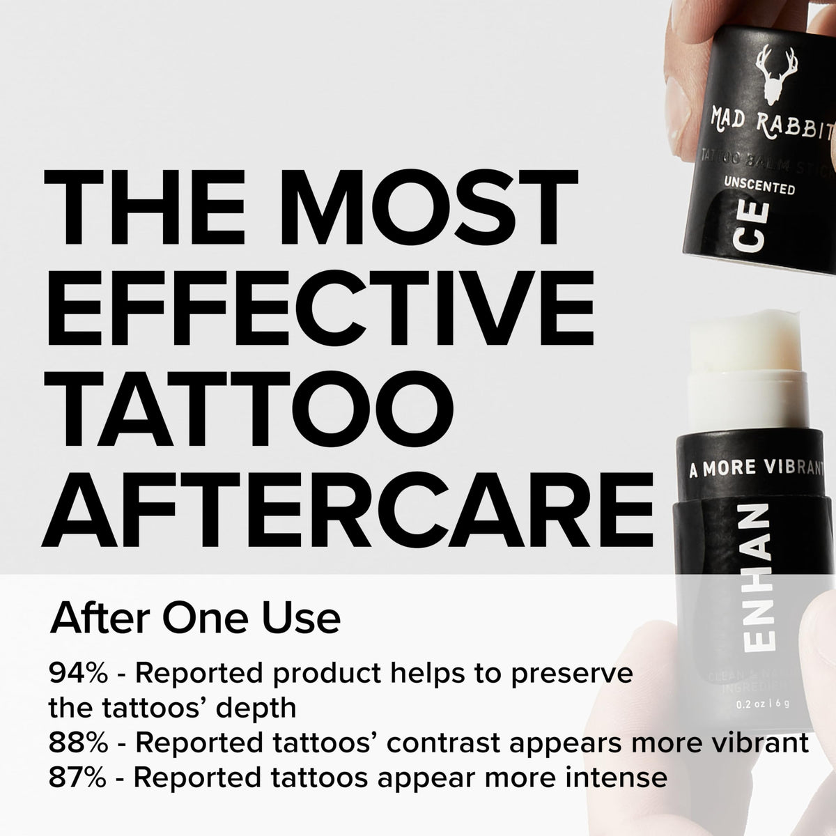 Mad Rabbit applying balm to forearm over tattoo to enhance color and moisturize skin