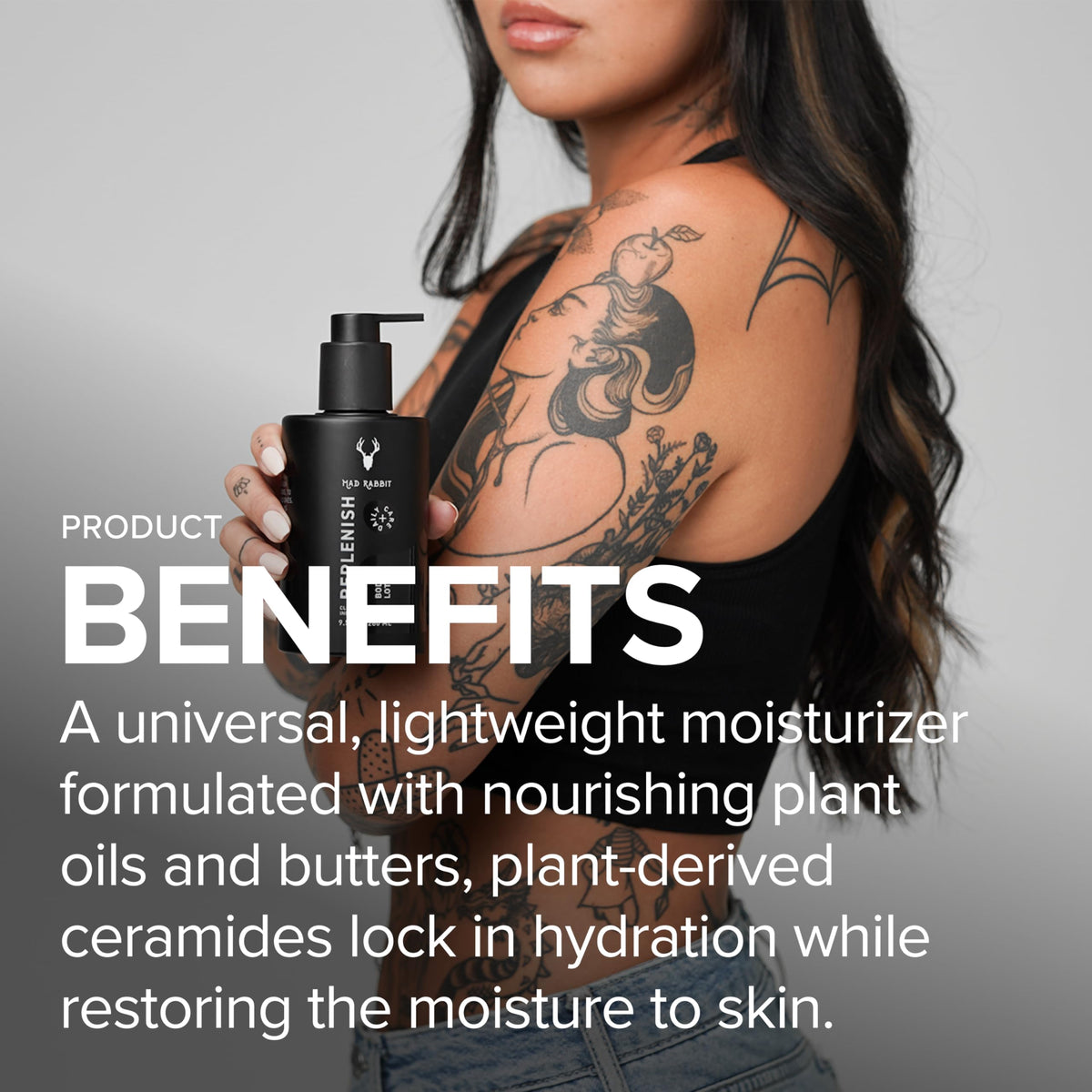 Mad Rabbit lotion texture close-up showing lightweight absorption benefit