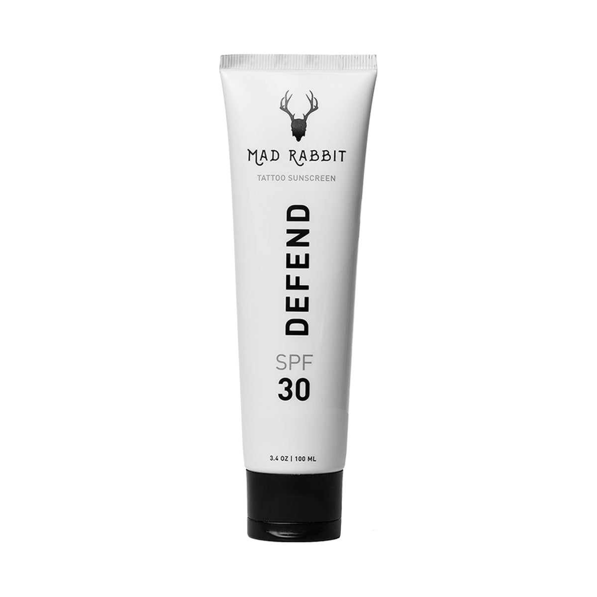 Mad Rabbit front tube view showing SPF30 and compact travel size benefit