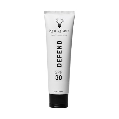 Mad Rabbit front tube view showing SPF30 and compact travel size benefit