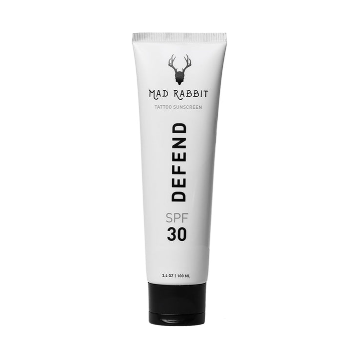 Mad Rabbit front tube view showing SPF30 and compact travel size benefit
