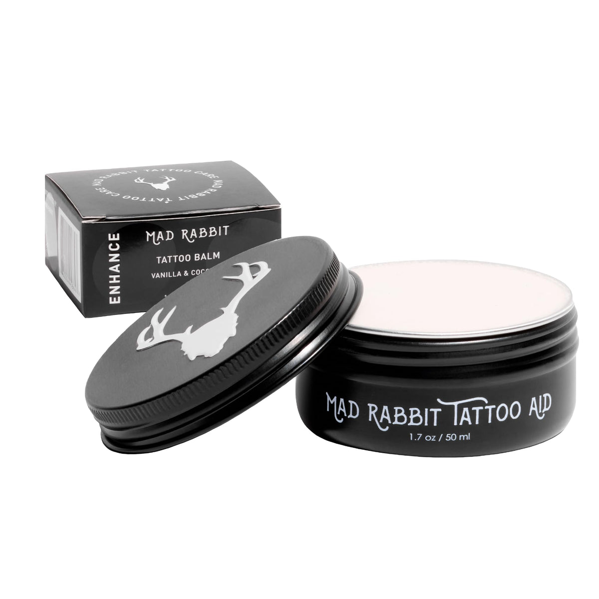 Mad Rabbit front packaging showing jar and label, boosts tattoo vibrancy