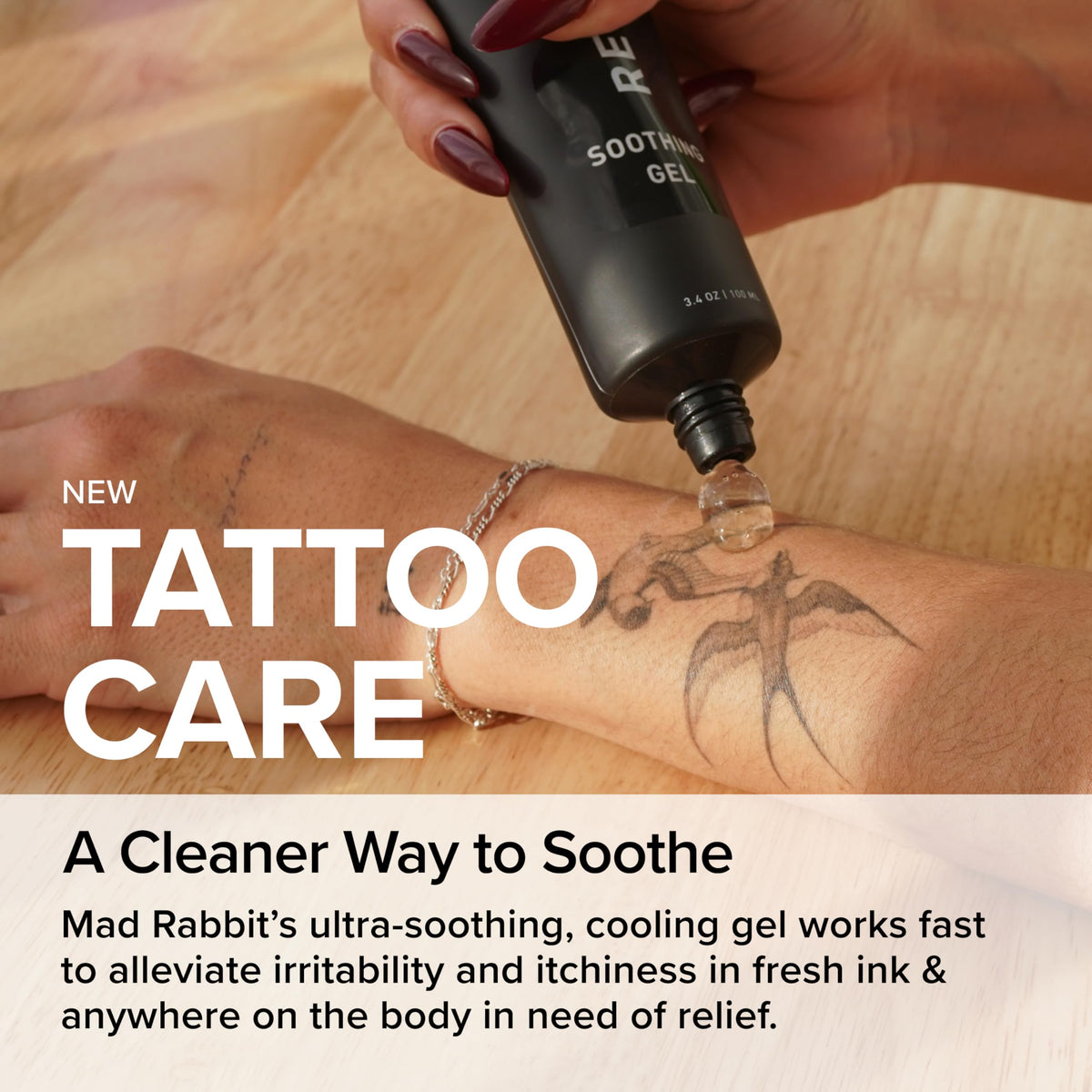 Mad Rabbit gel applied on tattooed arm soothing irritation quickly
