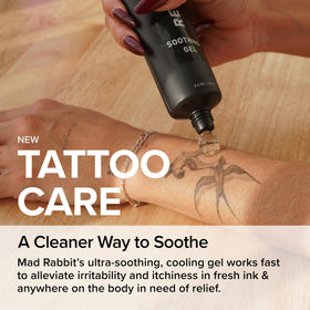Mad Rabbit gel applied on tattooed arm soothing irritation quickly