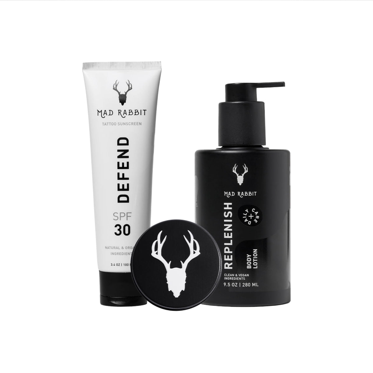 Mad Rabbit kit front packaging showing all three products and neat layout benefits