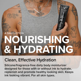Applying Mad Rabbit lotion to forearm to show quick absorption and hydration