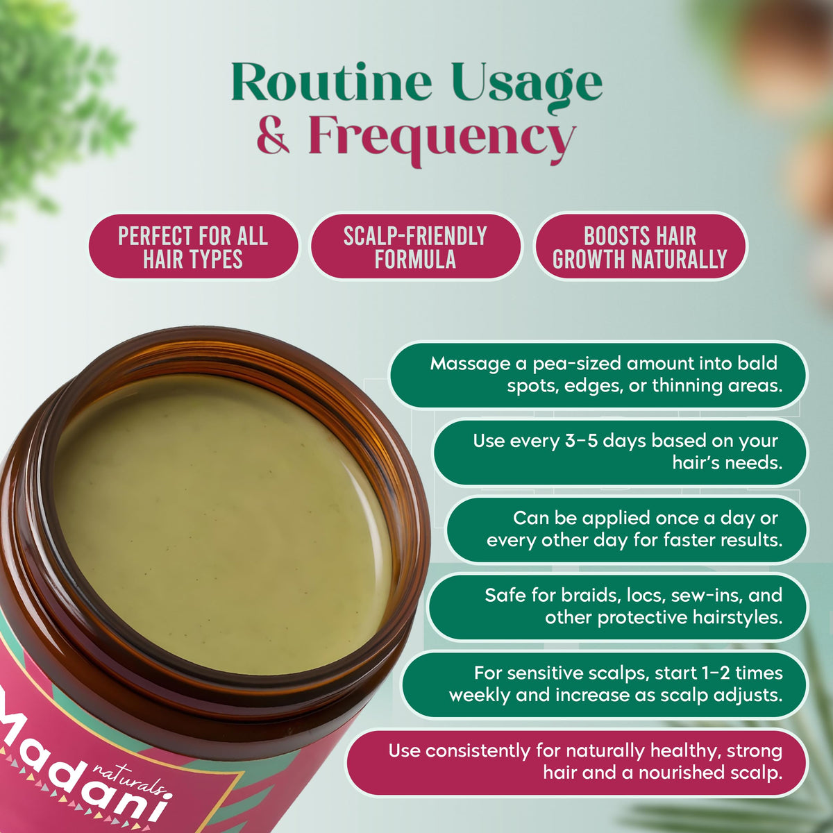 Madani Naturals rosemary and botanical oils used in the formula to support scalp health