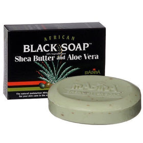 Madina African Black Soap front packaging showing three 3.5 oz bars and plant-based labeling, gentle cleansing benefit