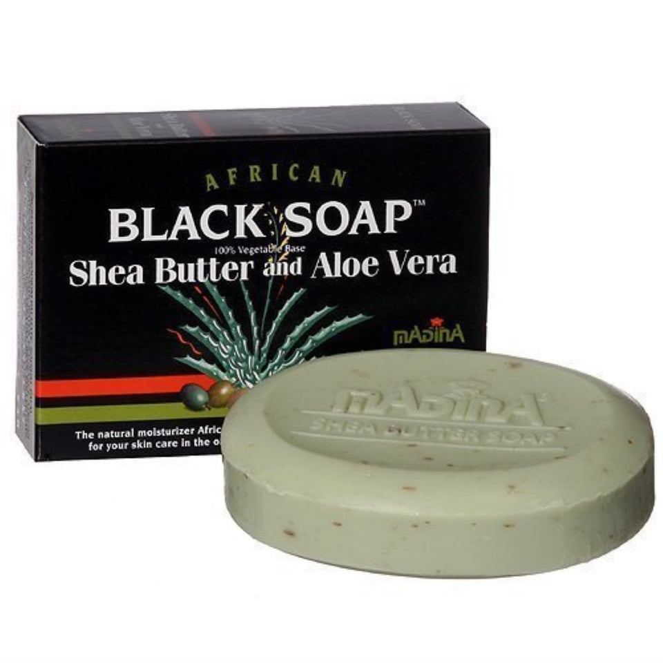 Madina African Black Soap front packaging showing three 3.5 oz bars and plant-based labeling, gentle cleansing benefit