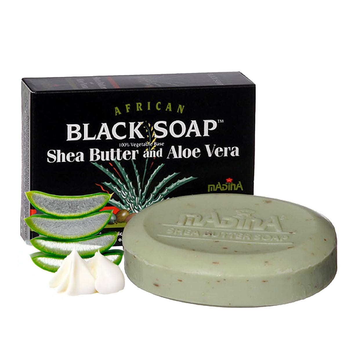 Madina front packaging showing six black soap bars and benefits