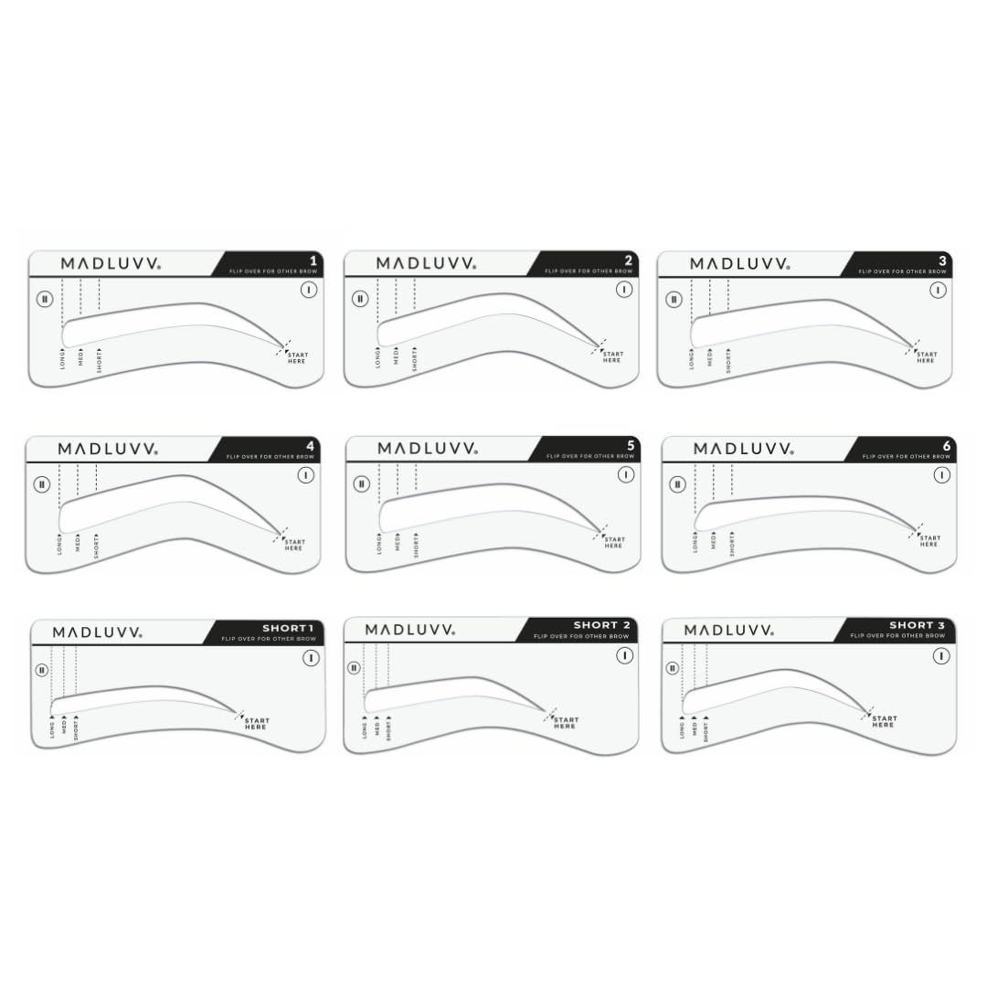 MADLUVV nine stencil shapes laid out for customizable brows