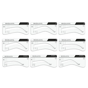 MADLUVV nine stencil shapes laid out for customizable brows