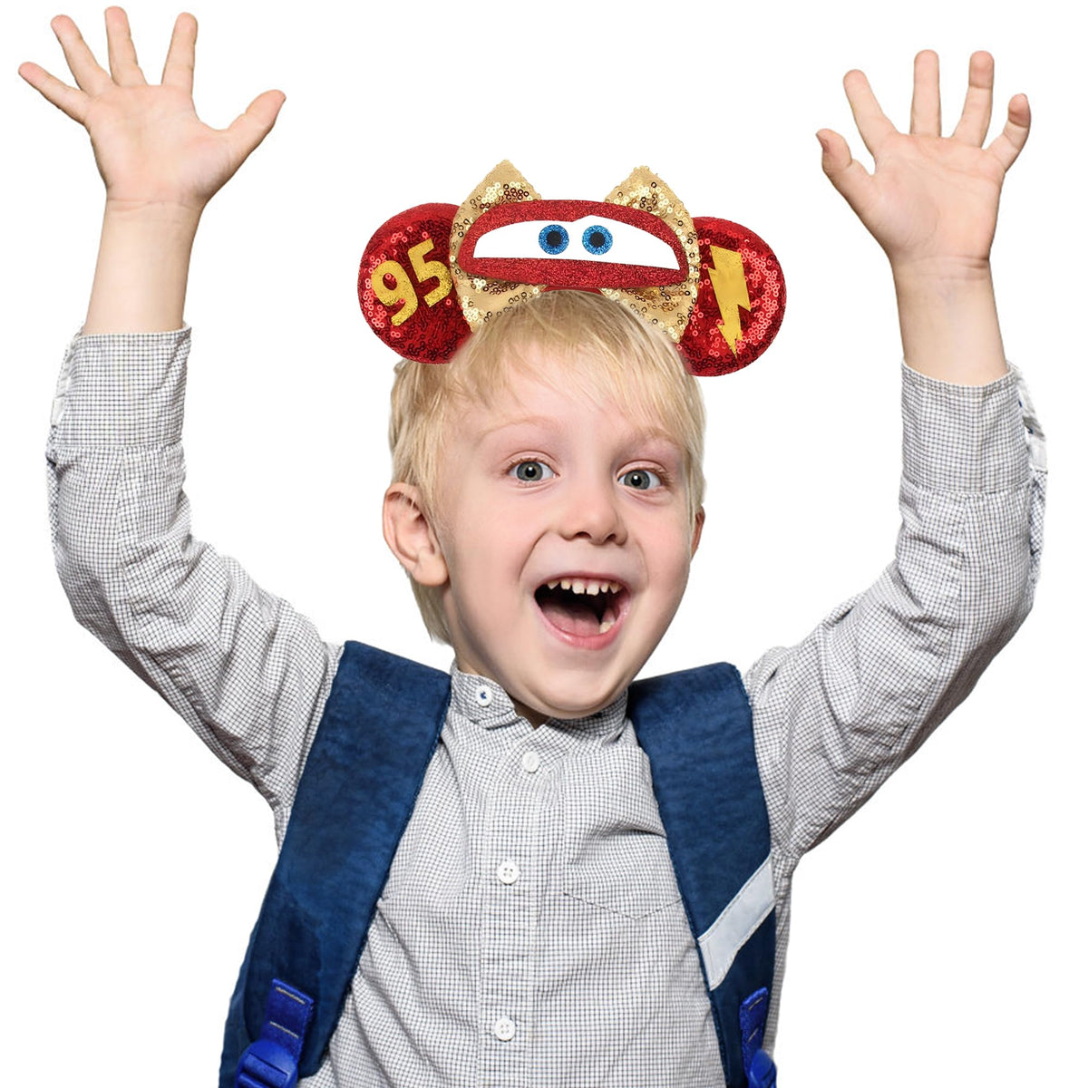 MADO red car headband in park setting showing festive photo-ready look