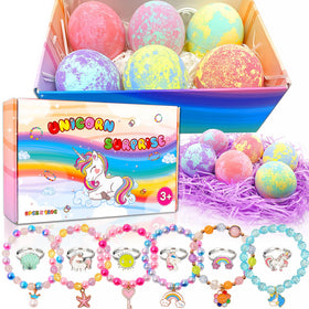 MADO front packaging showing colorful unicorn bath bomb set and gift-ready box