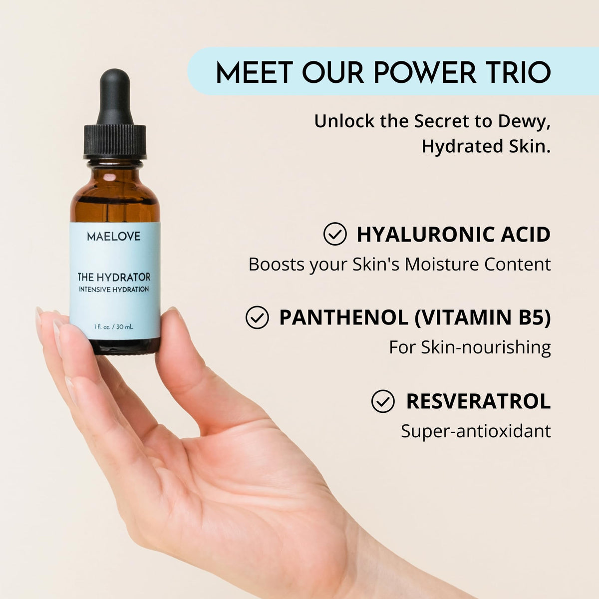 MAELOVE label close view listing hyaluronic acid, B5 and resveratrol benefits