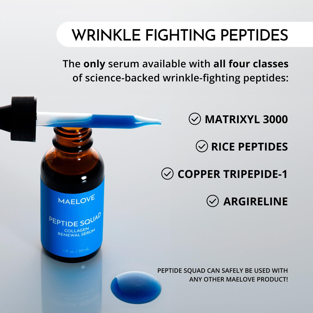 MAELOVE ingredient display of copper peptides and Matrixyl for firmness