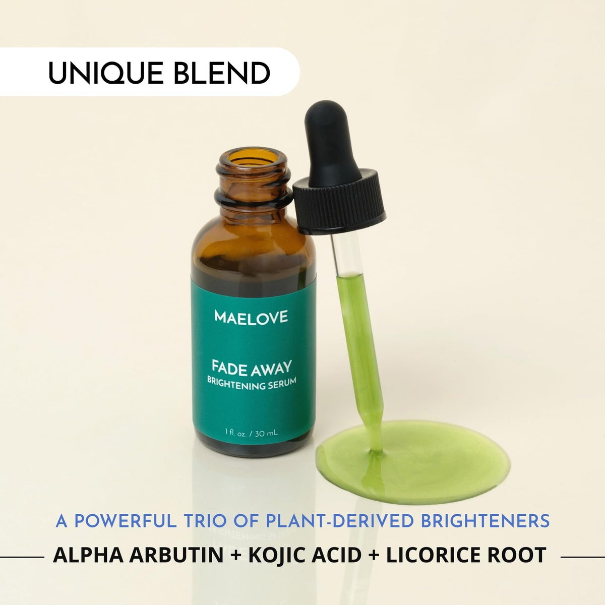 MAELOVE label close-up highlighting ingredients for visible brightening