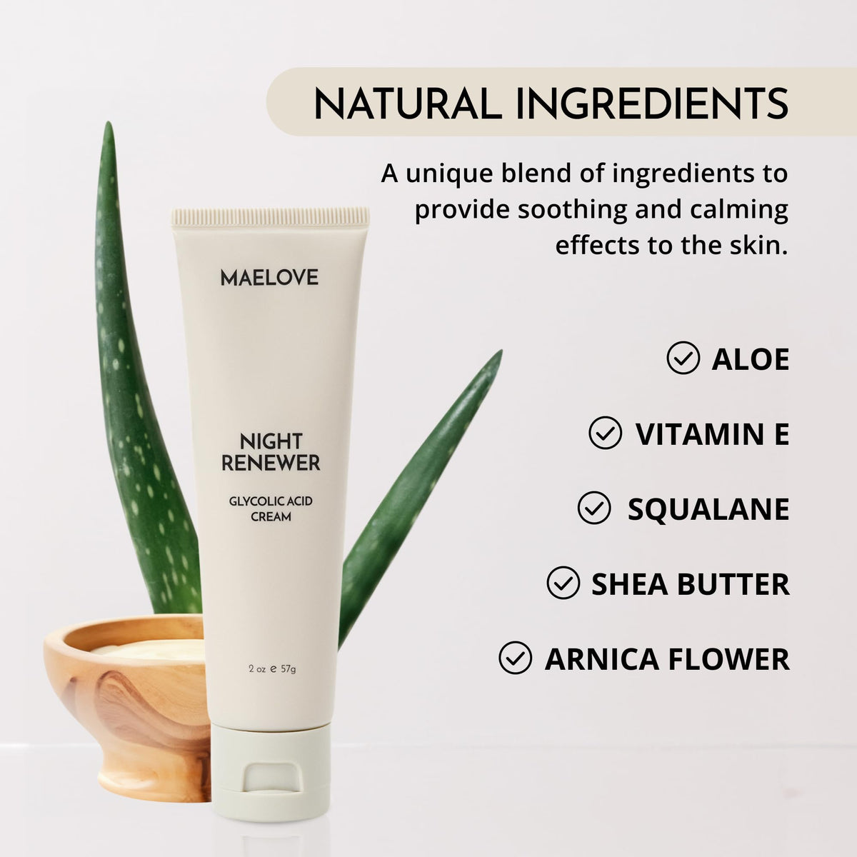 MAELOVE Night Renewer with ingredient bottles showing squalane and hyaluronic acid benefits