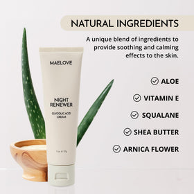 MAELOVE Night Renewer with ingredient bottles showing squalane and hyaluronic acid benefits