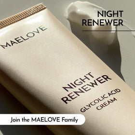 MAELOVE Night Renewer on a bathroom nightstand styled for evening skincare routine