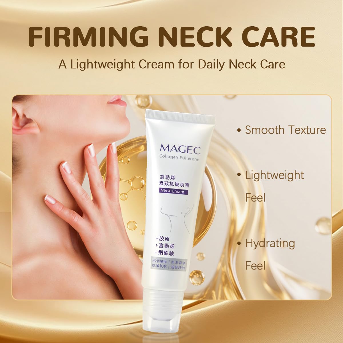 Magec Cream application on neck demonstrating gentle lifting benefit