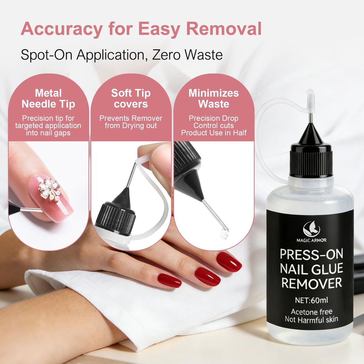 MAGIC ARMOR droplet applied to press-on edge, speeds adhesive breakdown