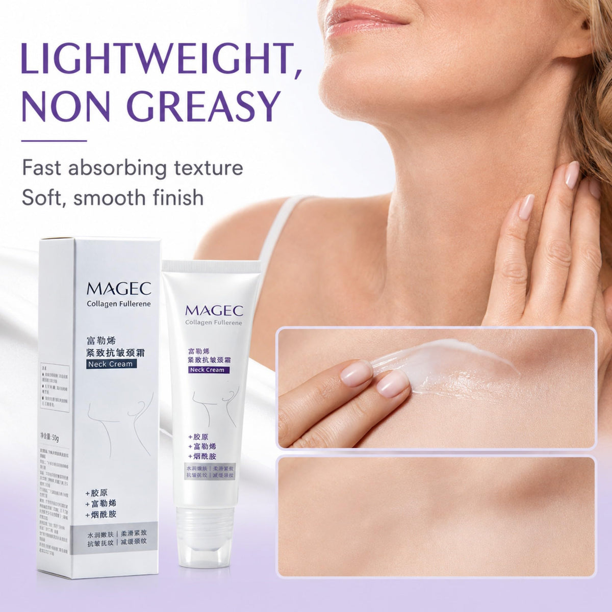 Generic Magic Collagen applied to neck with roller demonstrating contouring benefit